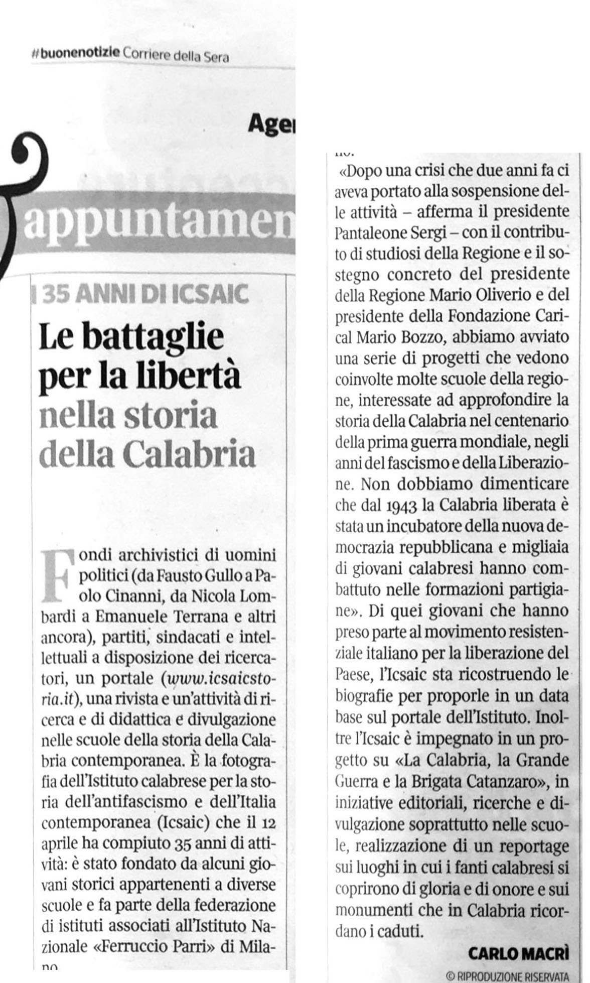 Il “Corriere della Sera” ricorda il 35 ° anno di attività  del nostro istituto