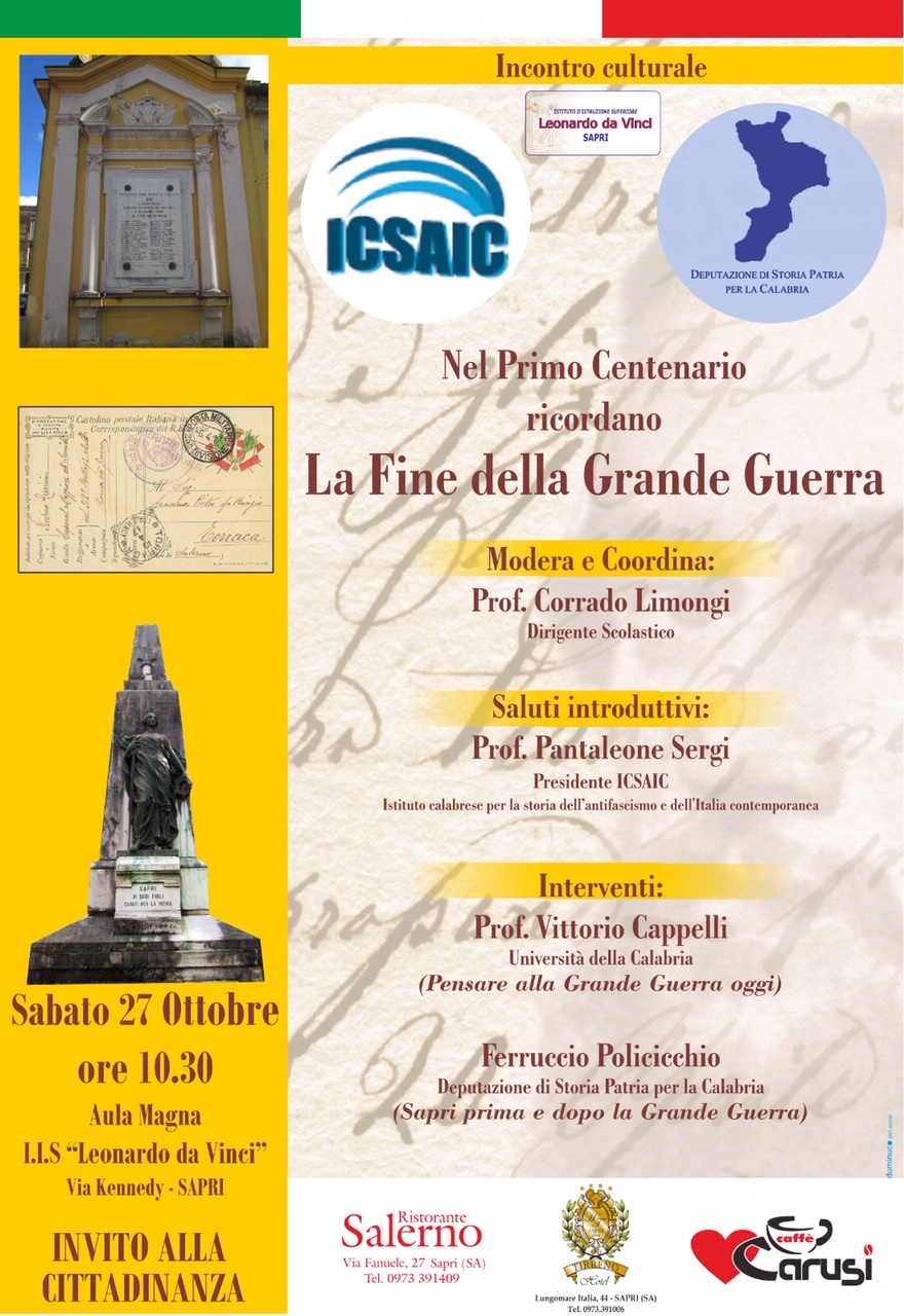 “La fine della Grande Guerra”: sabato 27 ottobre a Sapri una iniziativa dell’Icsaic