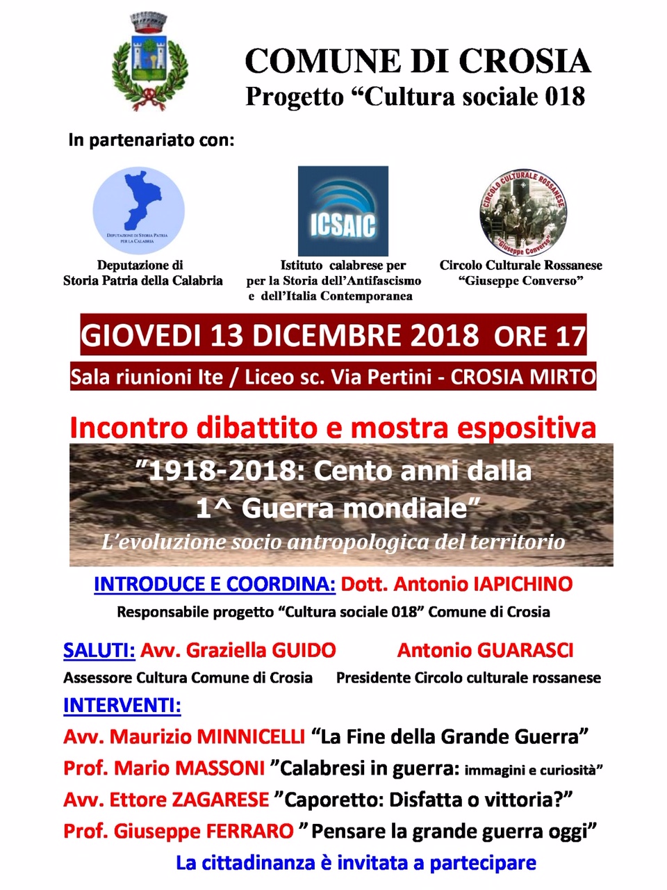 Crosia Mirto: dibattito e mostra espositiva su “1918-2018: Cento anni dalla 1 ª Guerra mondiale”