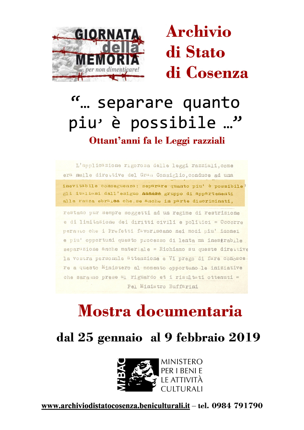 Archivio di Stato di Cosenza: mostra sul tema “Ottant’anni fa le leggi razziali”