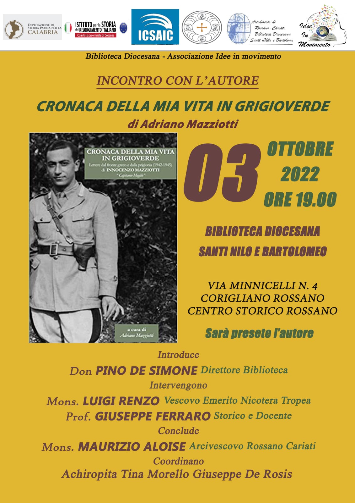 Mazziotti: “Cronaca della mia vita in grigioverde”. L’Icsaic a Corigliano-Rossano con Giuseppe Ferraro