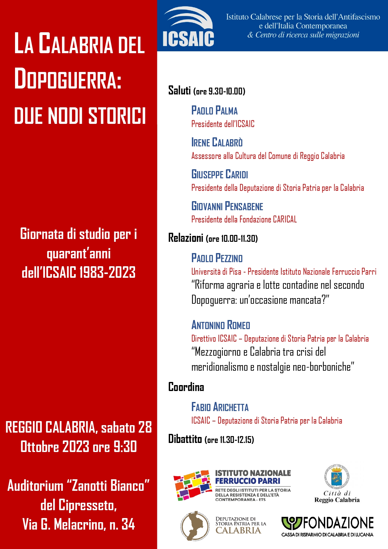 L’ICSAIC a Reggio Calabria per il 40° della sua fondazione con un convegno storico meridionalistico