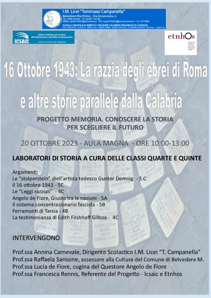 La razzia degli ebrei a Roma e storie calabresi. L’ICSAIC con le scuole a Belvedere