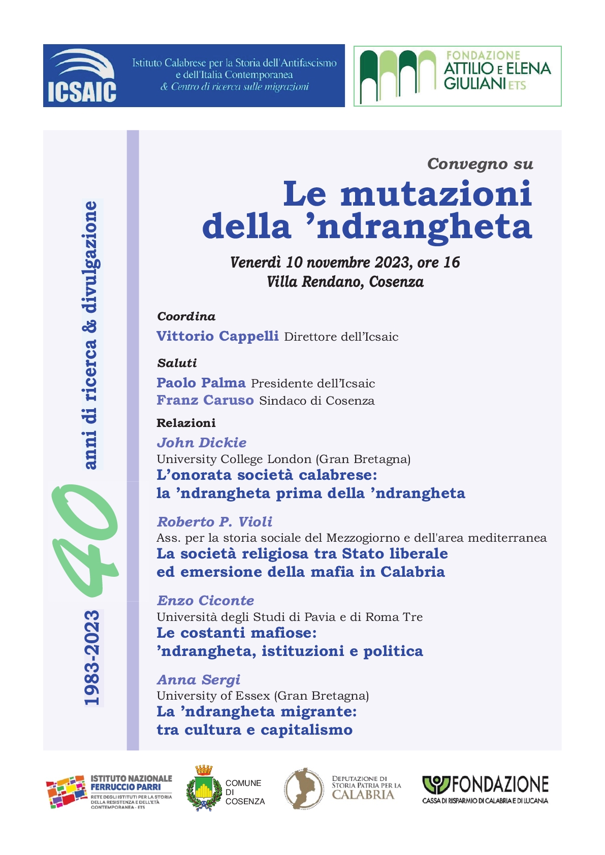 Un convegno sulla ‘ndrangheta per i 40 anni dell’ICSAIC. Appuntamento a Cosenza venerdì 10