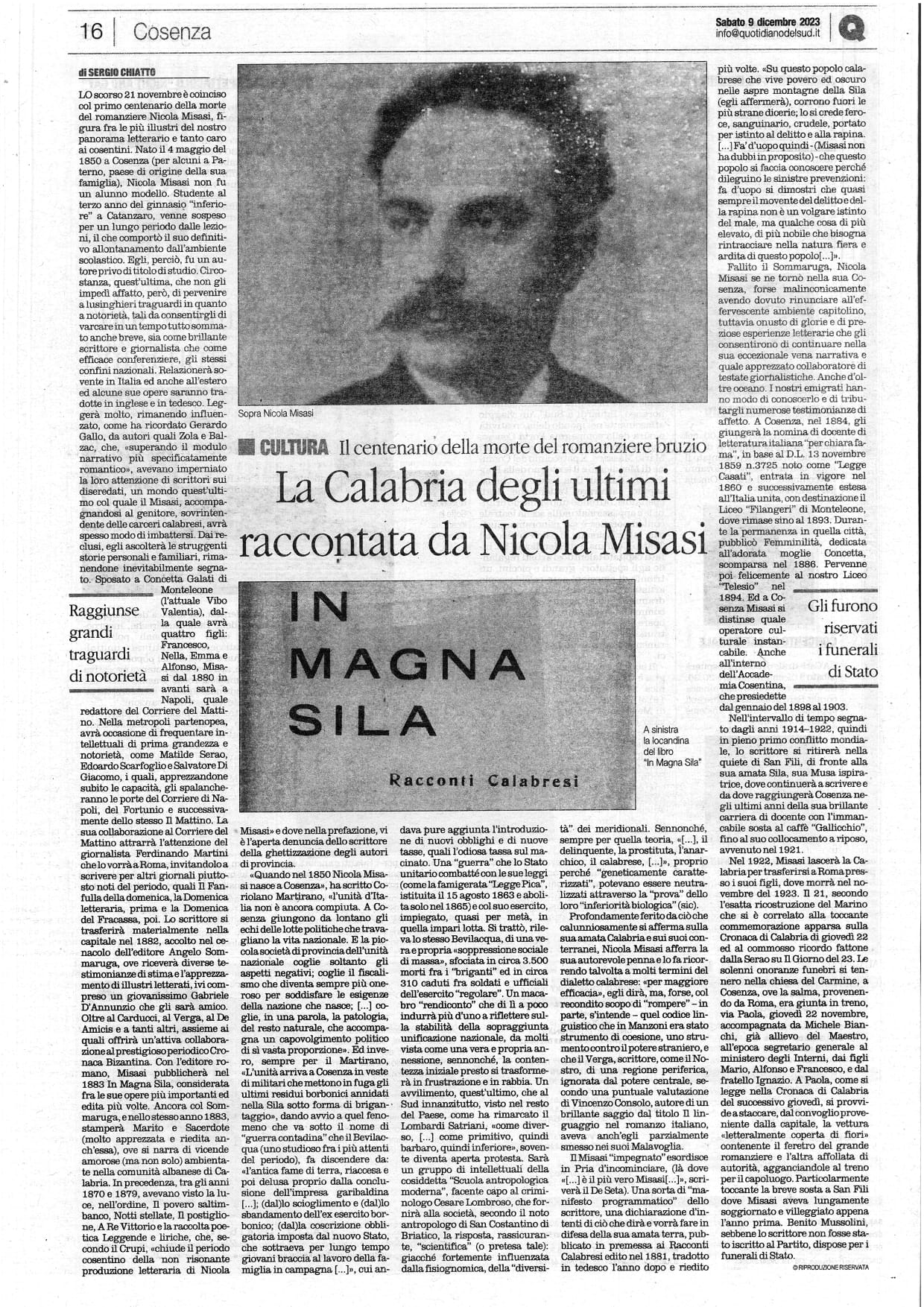 Nicola Misasi e la Calabria degli ultimi. Un articolo di Chiatto per il centenario