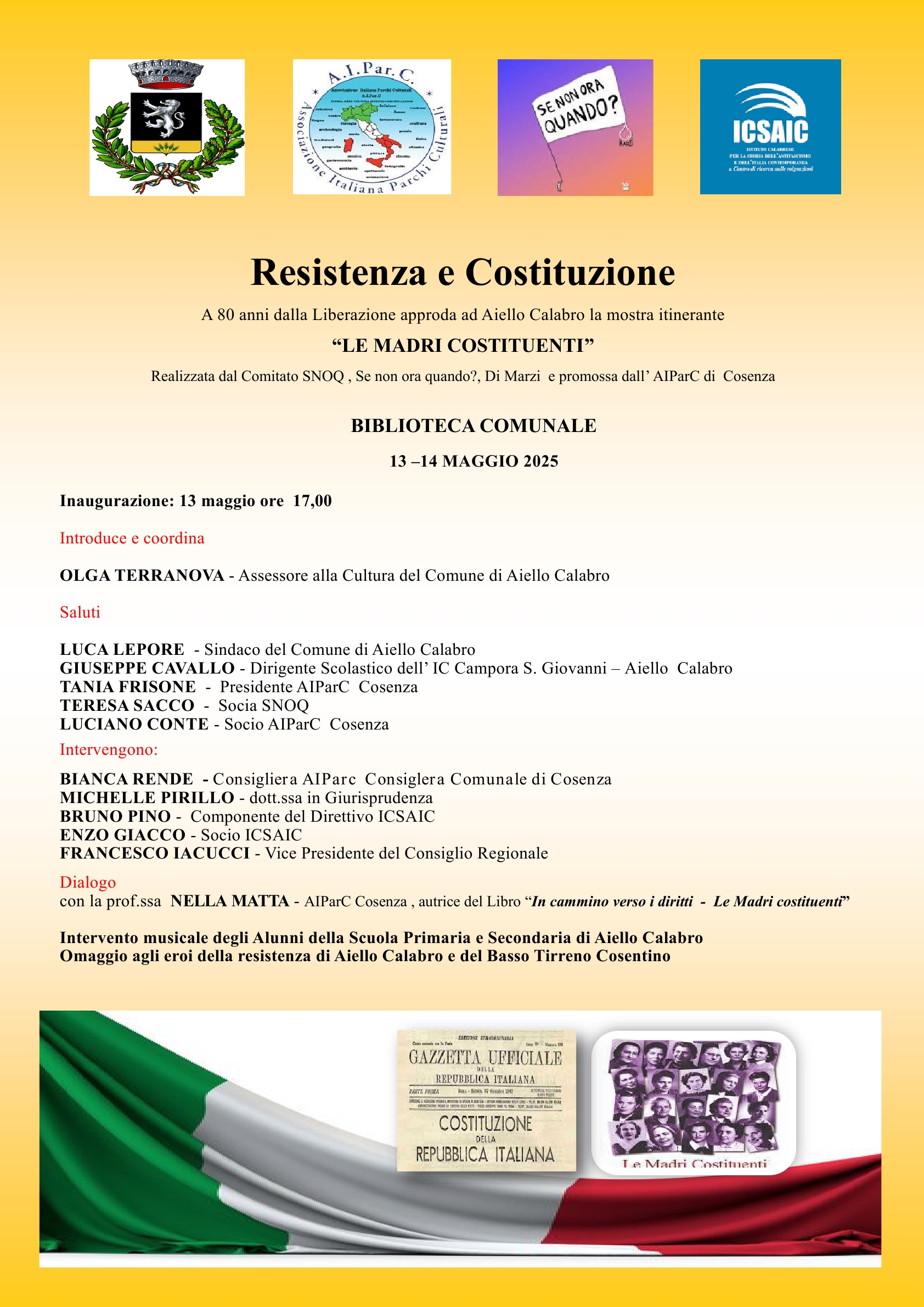 “Le Madri Costituenti”, Resistenza e Costituzione ad Aiello Calabro con AIParC, SNOQ e ICSAIC