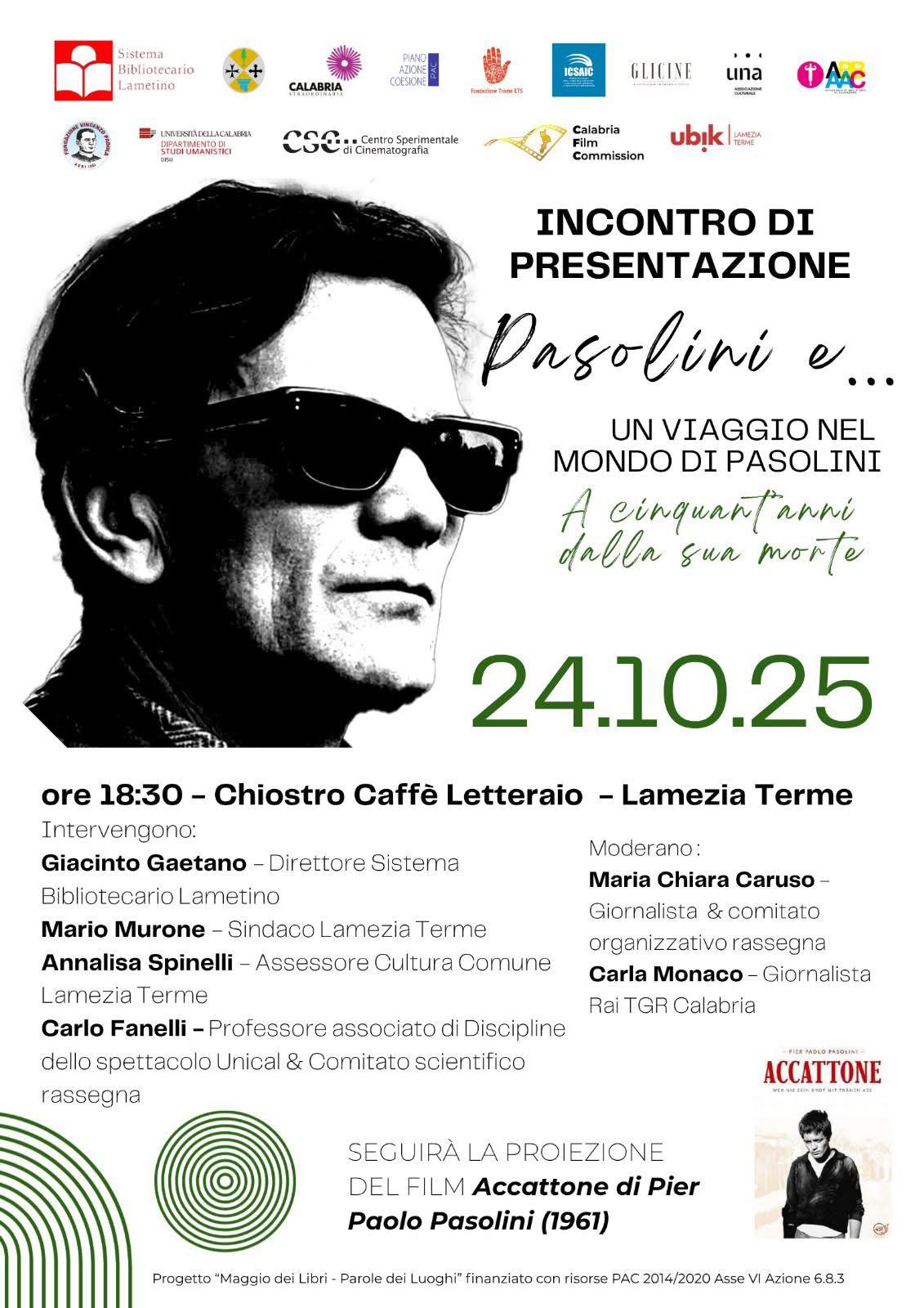 “Un viaggio nel mondo di Pasolini”. L’ICSAIC a Lamezia con Fanelli