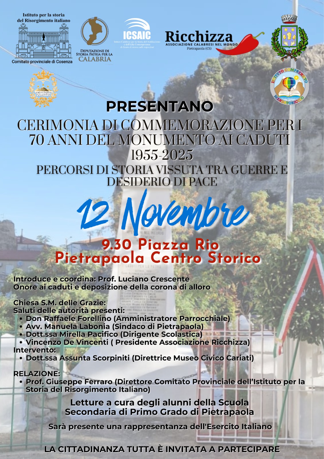 L’ICSAIC a Pietrapaola per la commemorazione dei 70 anni del monumento ai Caduti