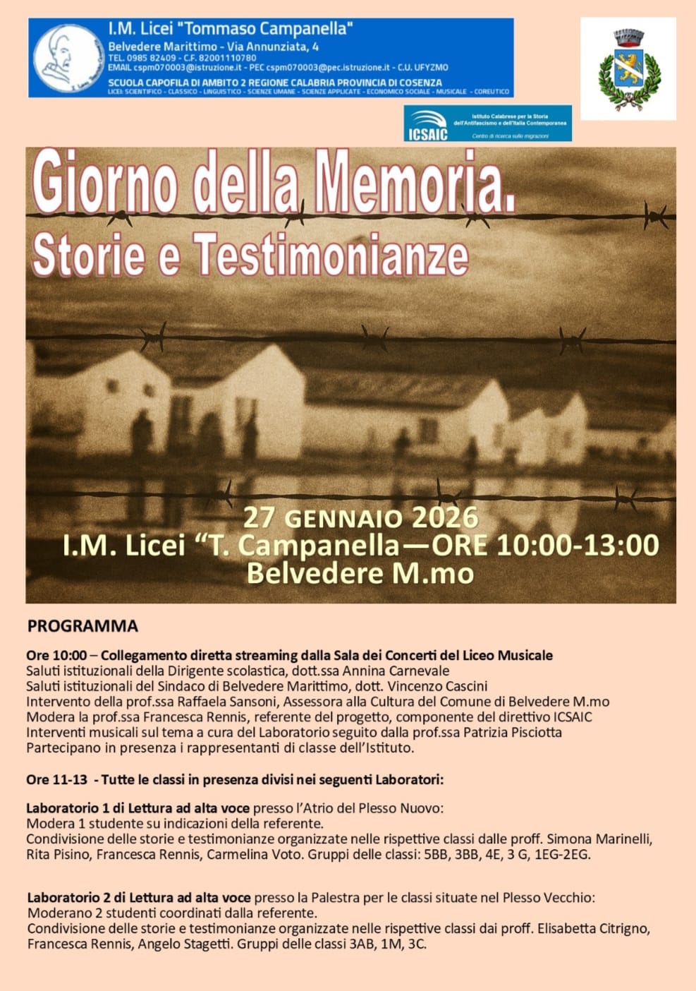 Giorno della Memoria 2026 a Belvedere con Francesca Rennis