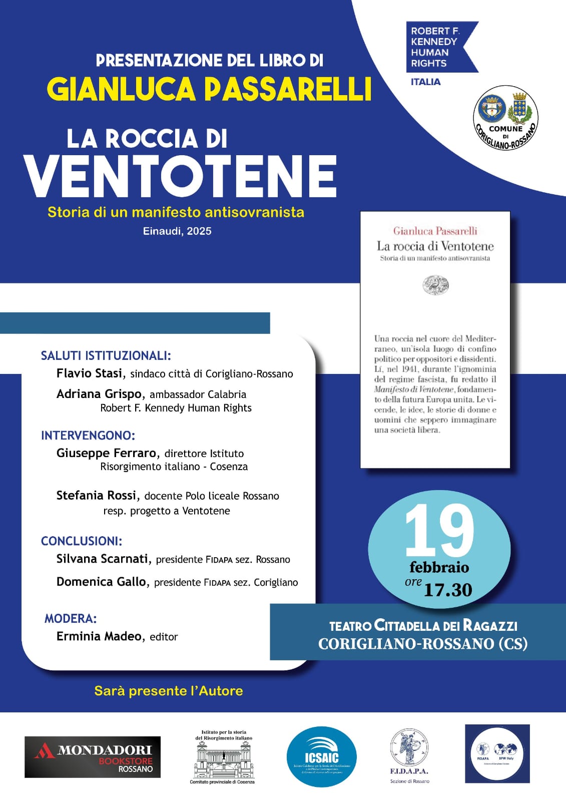 La roccia di Ventotene di Passarelli. Ferraro (ICSAIC) alla presentazione del libro a Corigliano-Rossano
