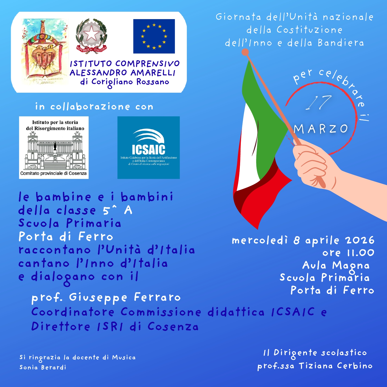 Celebrazioni dell’Unità nazionale con la Primaria “Porta di Ferro” di Corigliano-Rossano e l’ICSAIC