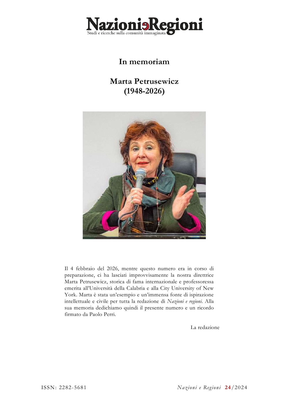 In memoriam di Marta Petrusewicz. Un ricordo di Paolo Perri su “Nazioni e Regioni”