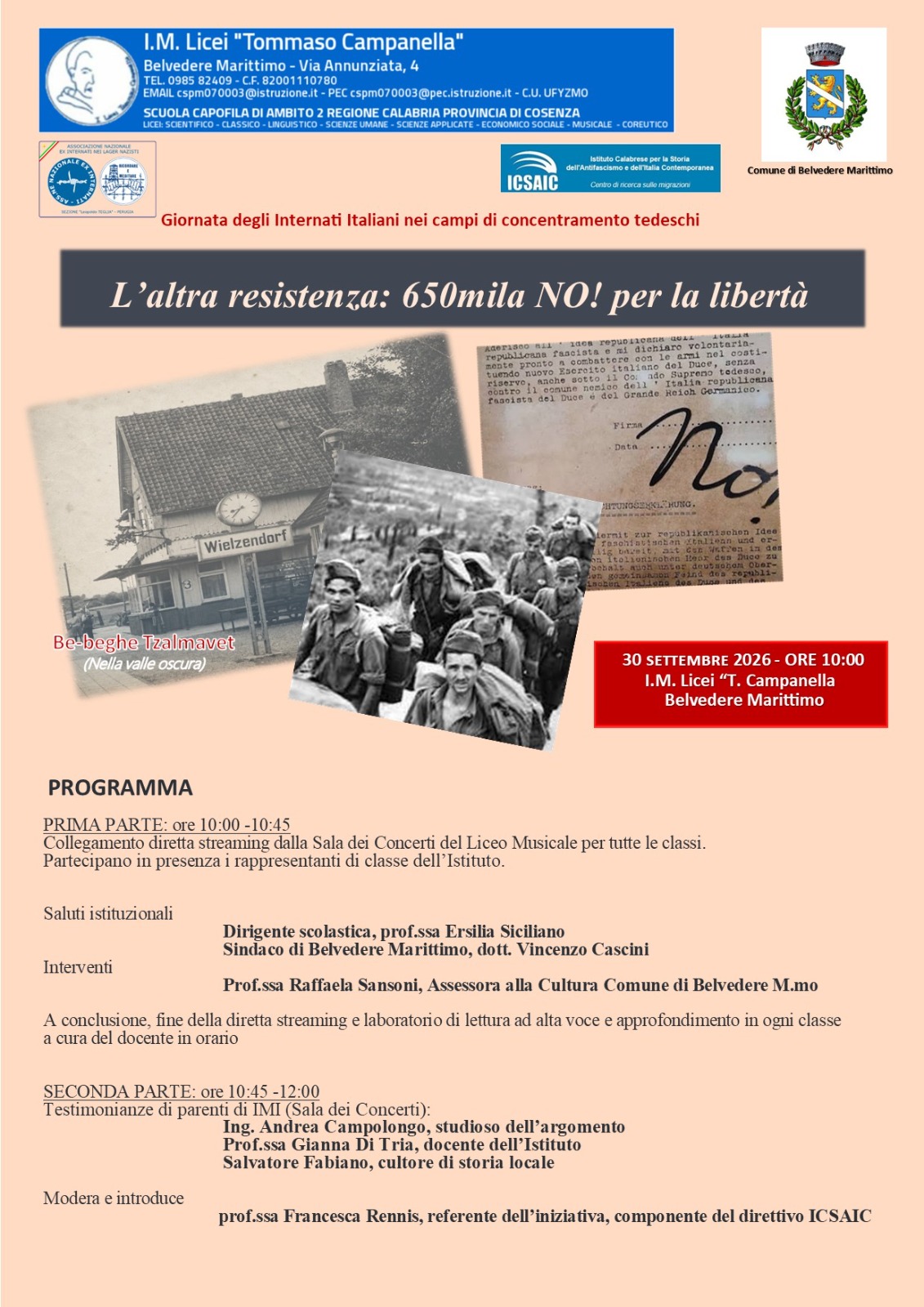 “Giornata degli IMI nei campi di concentramento tedeschi durante la II Guerra mondiale” ai Licei “T. Campanella” di Belvedere